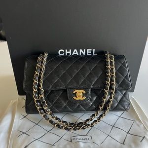 Chanel Small Double Flap Caviar quilted classic bag black gold